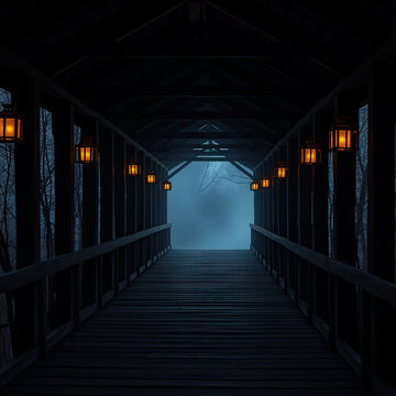 Dark covered wooden bridge with glowing lanterns leading into foggy forest, mysterious autumn night scene, moody perspective view with spooky atmosphere for halloween design
