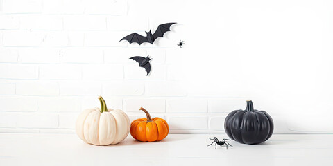 White, orange and black pumpkins with paper bats and spiders on white brick wall, spooky halloween background with creepy festive atmosphere and minimalist seasonal decor
