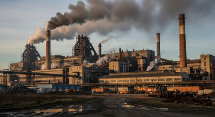 Industrial Complex Spewing Smoke at Dawn: A Study in Environmental Impact