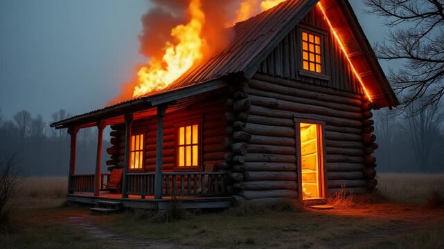 Burning wooden house in old village