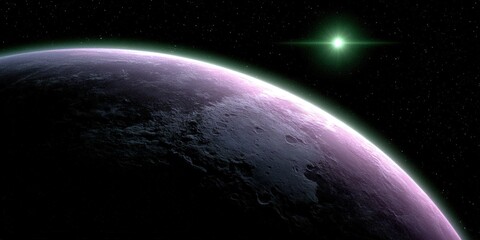 Fototapeta premium A captivating scene of a purple planet illuminated by a vibrant green star in space.