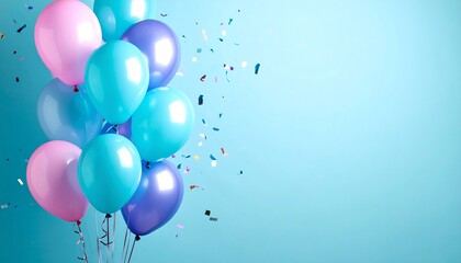Pastel balloons and confetti on a light teal background
