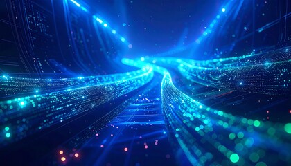 Abstract digital tunnel of swirling, glowing light trails