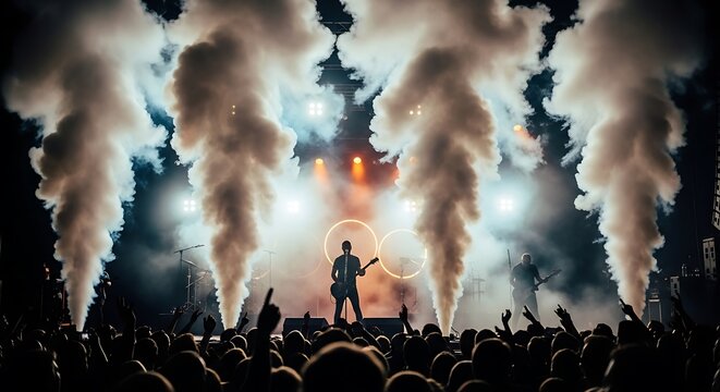 Energetic Live Music Performance: Guitarist on Stage Amidst Dramatic Smoke and Bright Lights, Engaging an Excited Crowd - Powered by Adobe