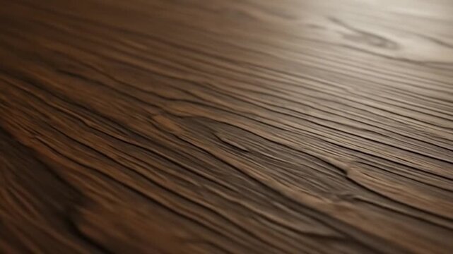 Closeup shows a dark heavily grained wood surface receding diagonally with deep grooves and blurred background