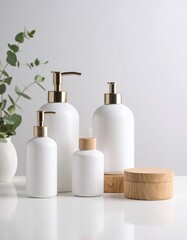 Elegant cosmetic bottles with golden and wooden caps.