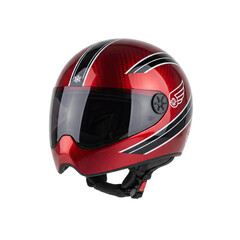 Fototapeta premium Sleek red motorcycle helmet with dynamic racing stripes and protective visor ready for adventure