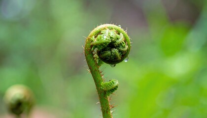 Closeup of a Fresh Green Fern Fiddlehead Unfurling in Nature