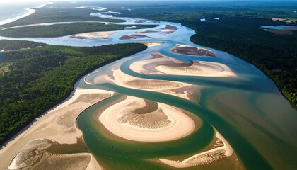Aerial View Of S-Curve River Channels Flowing Through Sandy Tidal Flats With Green Forest Edges