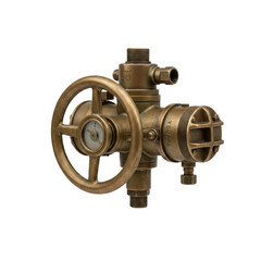 Antique brass industrial valve with pressure gauge and handwheel, perfect for steampunk designs
