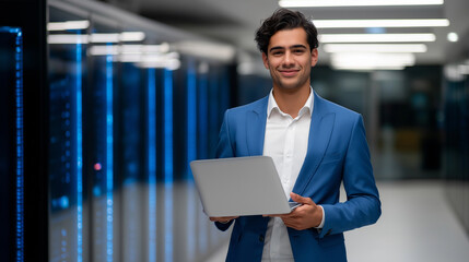Smiling male technician holding a laptop while standing confidently in a data center with glowing blue servers.