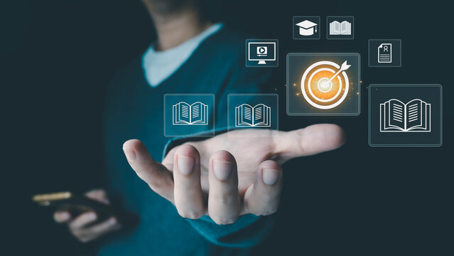 A person uses a smartphone to access a virtual interface with icons for education, learning, and achieving goals, representing the concept of online courses and skill development for future success.