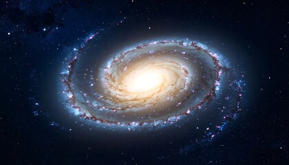 Swirling galaxy with a bright, illuminated center, surrounded by bands of stars and cosmic dust. A vast expanse of space speckled with distant stars surrounds the spiral structure