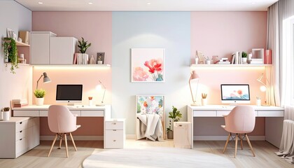 Stylish Home Office Setup, Modern Workspace, Cozy Room, Interior Design, Minimalist Environment, Wide Angle, Productivity Concept