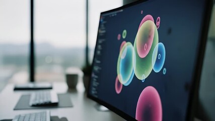 Modern Office Workspace with Colorful Abstract Digital Art Display - Powered by Adobe