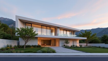 Fototapeta premium Modern Minimalist Villa Exterior at Sunset