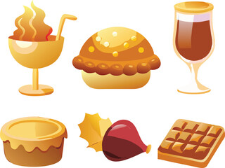Premium golden gradient icons of turkey, cookies, hot chocolate, candy, pie, and wine glass.
