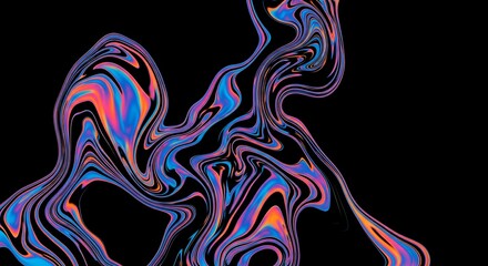Abstract image featuring vibrant, iridescent swirls of blue, pink, and orange against a black background. The colors appear to be liquid or fluid in nature, creating a dynamic, almost psyche