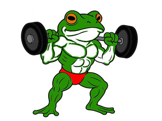 Muscular Frog Bodybuilder Lifting a Barbell Cartoon Mascot Illustration