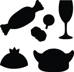 Dark silhouette icons of turkey, pie, wine glass, candy, and cookies.