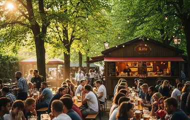 夕暮れ時の賑やかなビアガーデン：友人や家族と楽しむ夏のひととき