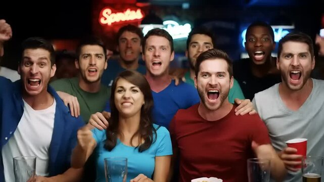 Excited Fans Watch Game at Bar. - Powered by Adobe