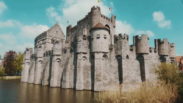 Sweeping view of Gravensteen Castle in Ghent, Belgium, showcasing its medieval stone walls