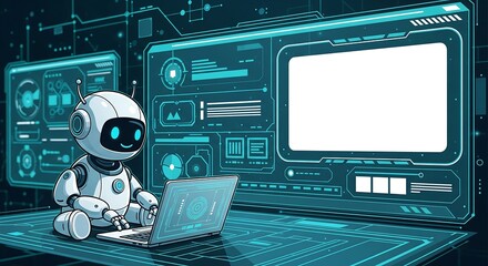 Fototapeta premium A friendly robot sits on a futuristic control panel, using a laptop. The background displays various tech interfaces and displays. It depicts AI and technology.