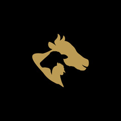 Golden silhouette of a cow, pig, and chicken intertwined on a black background, representing livestock or a butcher shop.