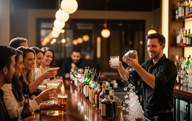 活気あふれるバーカウンター：プロのバーテンダーが彩る楽しい夜