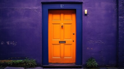 Vibrant orange door on a deep purple wall.