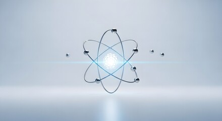 Futuristic digital rendering of an atomic structure, showcasing a glowing nucleus and orbiting electrons, symbolizing science and technology