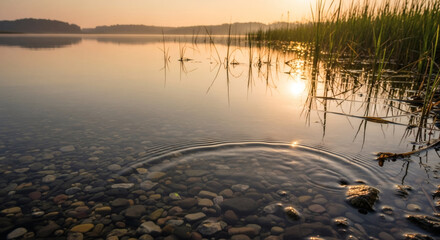 Serene Sunrise over Calm Lake with Pebbles and Reeds: A Tranquil Water Reflection