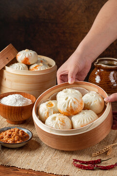 Close-up detail of traditional handmade meat-filled buns, a common nutritious breakfast
