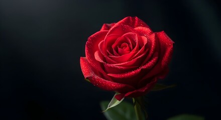 Naklejka premium Close-up of a beautiful single red rose with water droplets on a dark, isolated background representing love and romance