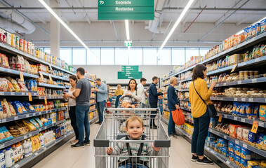 家族で楽しむスーパーマーケット：笑顔の子供と賑わう買い物客たち