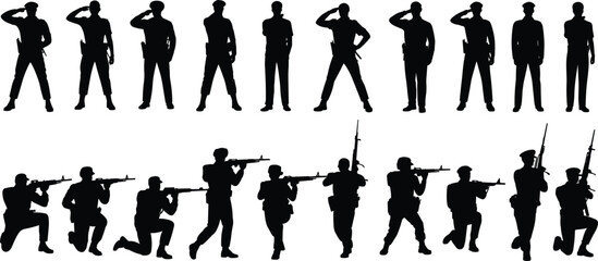 Silhouette illustration of military soldiers in uniform saluting, standing in formation, black and white vector art for patriotic design