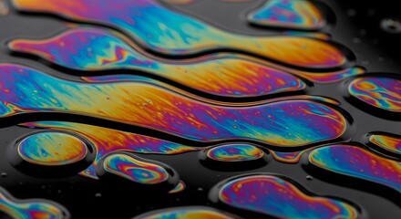 Close-up view of iridescent oil slick, displaying vibrant colors and fluid patterns.