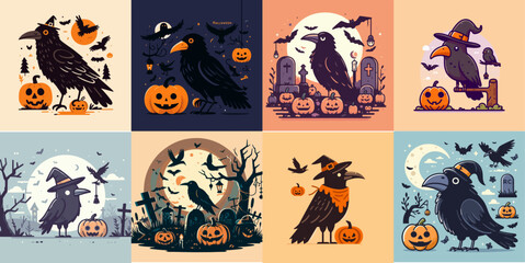 vector illustration set of halloween crows