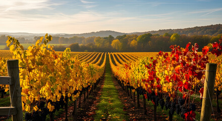 Golden hour sunlight illuminates a vineyard with vibrant fall foliage, capturing the perfect autumn aesthetic in a scenic wine country landscape