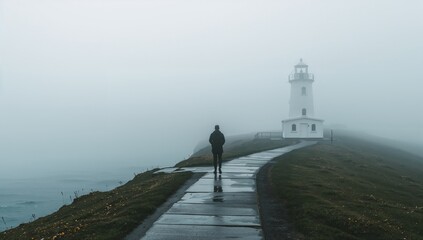 Solitary figure on cliff overlooking misty landscape lighthouse