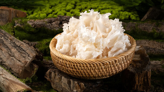 White Tremella mushrooms in a bowl with forest grass and fallen trees in the background