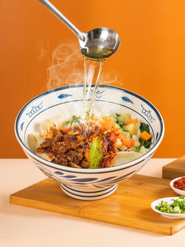 You Po Lamian Noodles (Oil-Splashed Noodles) - Shaanxi Specialty,Biang Biang Noodles with Chili Oil Being Poured Over
