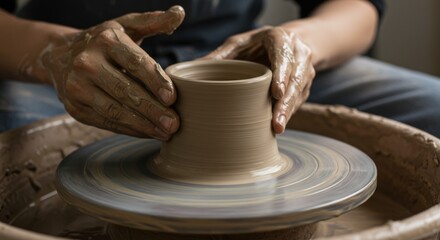 Clay Vase Forming on Potter's Wheel with Earthy Tone