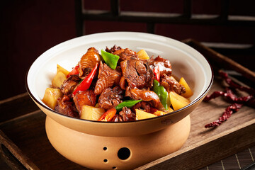 Chinese food roasted chicken with potato sauce served in ceramic pot tableware