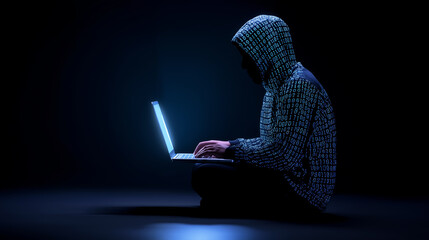 Hooded figure sitting in the dark and using a glowing laptop in a cybercrime concept.
