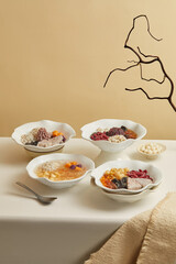 Assortment of Traditional Cantonese Desserts on Table,A Selection of Desserts Made from Red Bean, Fruits and Tang Yuan