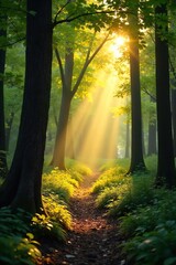 Naklejka premium Golden sunlight streams through leaves, illuminating a forest floor dappled with light and shadow Perfect for nature, serenity, and spring themes , woodland, foliage, forest