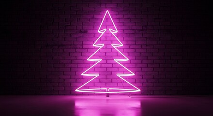 A neon Christmas tree glowing against a brick wall. 