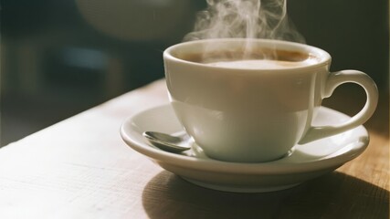 Steaming Cup of Coffee in Gentle Morning Light, Warm and Inviting Breakfast Scene